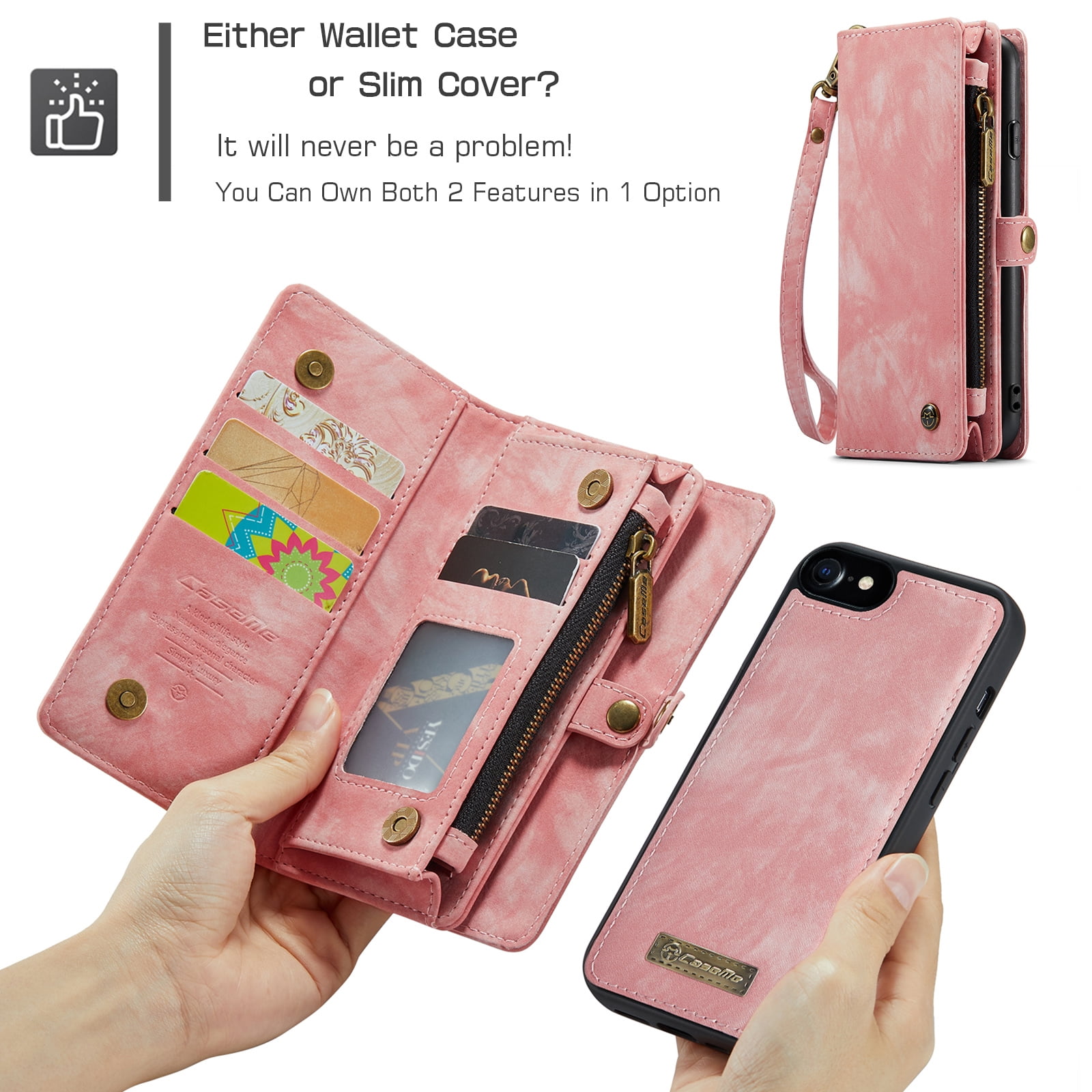 Feishell Durable 2-In-1 Magnetic Detachable Wallet Case for iPhone 7/8/SE 2020/SE 2022,for Women Men,Premium PU Leather Zipper Pocket Flip Multi Card Slots Purse Phone Case with Wrist Strap,Pink