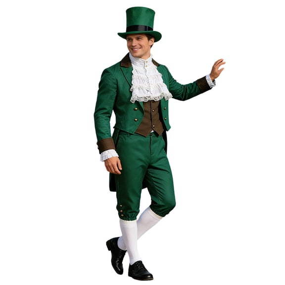 CONZONE St. Patrick Day Mens Elf Dress Up Green Clover Tailcoat And Hat Outfit Funny Party Stage Performance Clothes Set
