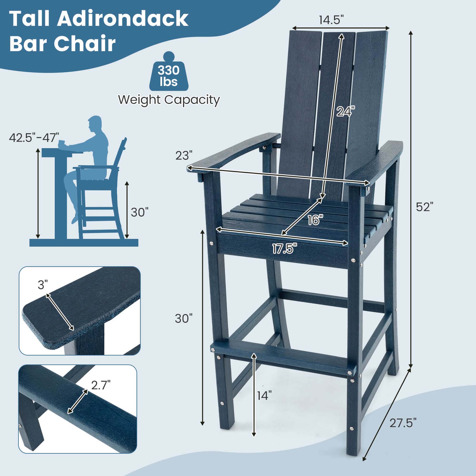 Costway Tall Adirondack Chair with Ergonomic Backrest Armrests & Footrest for Backyard Navy