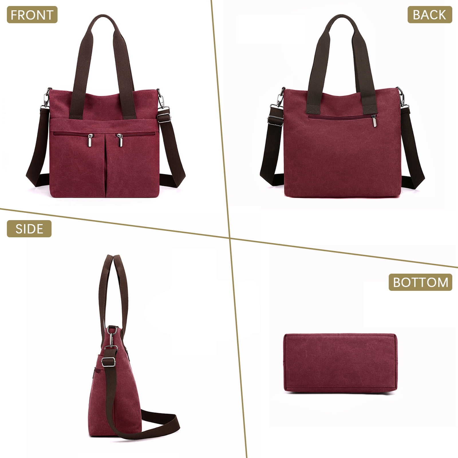 URSOFINE Women's Handbag Canvas Tote Bag Stylish Ladies Purse Lightweight Crossbody with Multi-Pocket & Adjustable Strap Durable Hobo Bags for Work Travel College Shopping Commuting Everyday Use