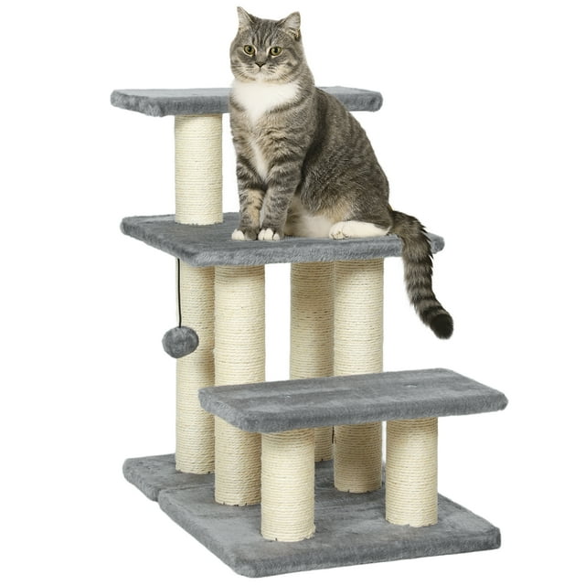PawHut 3-Tier Dog Stairs with 6 Sisal Scratching Post for Small Pets, Grey