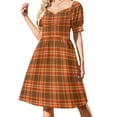 thumbnail image 1 of Vestido de manga corta con diseño de cuadros de tartán naranja y marrón vestido de dama de honor para mujer, 1 of 6