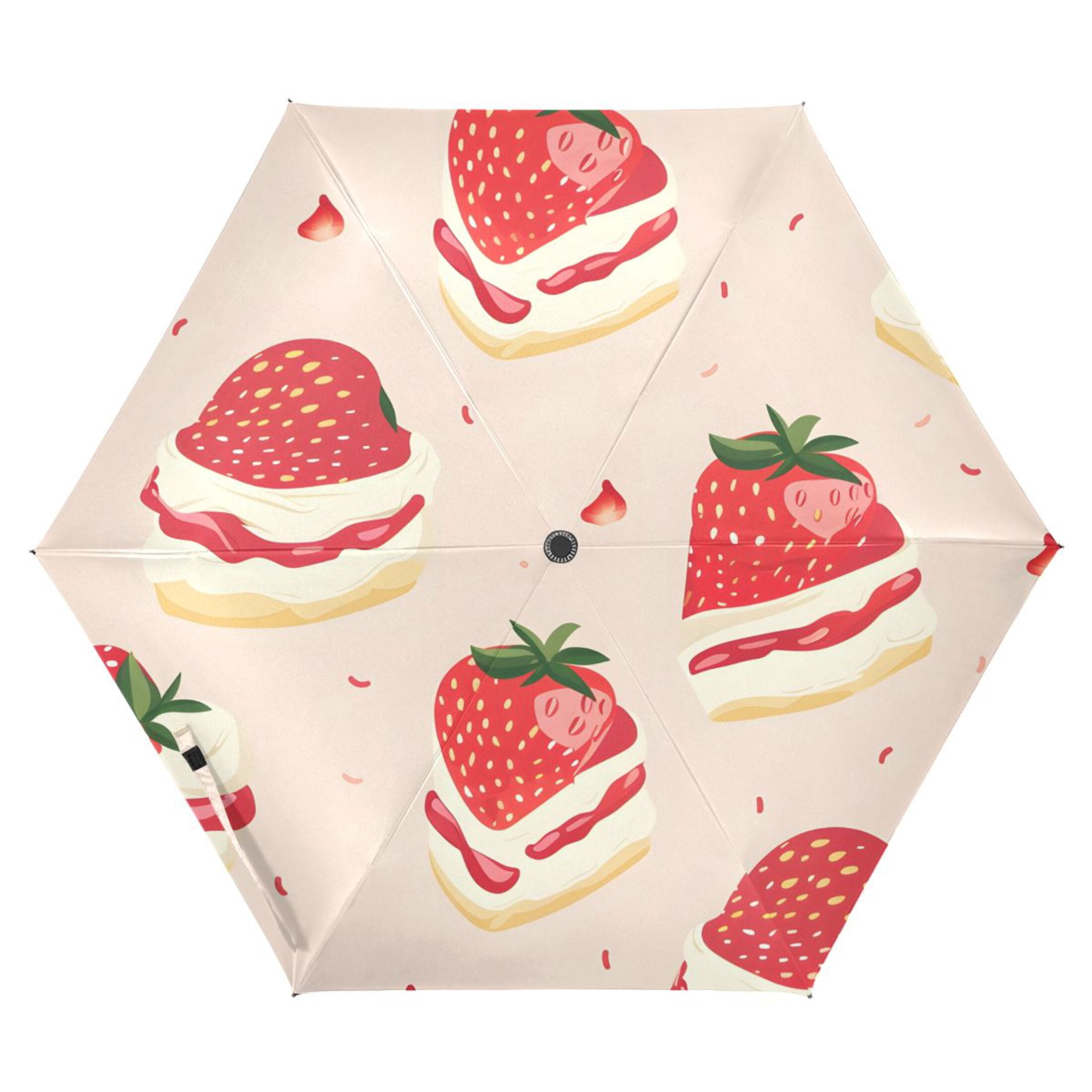 Cute Strawberry Cakes Cartoon All Weather Umbrella Triple Folding Parasol 6 Ribs UV Protection Portable