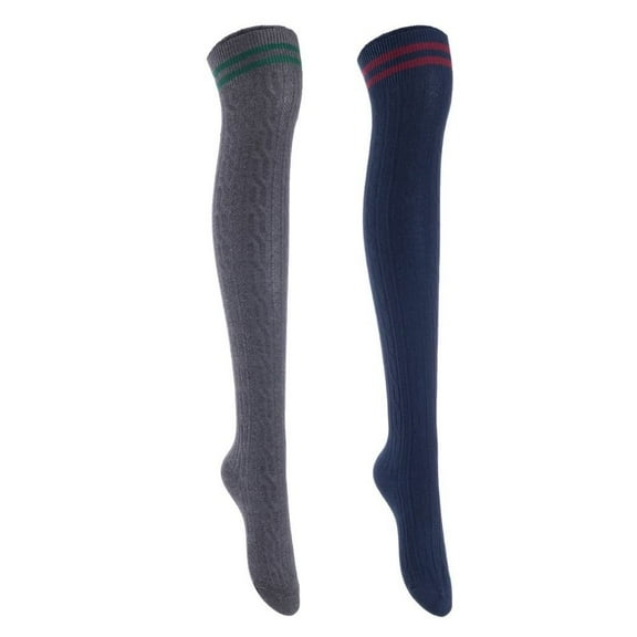 Lian Style Women's 2 Pairs Incredible Durable Super Soft Unique Over Knee High Thigh High Cotton Socks Size 6-9 J1023 Dark Grey, Navy
