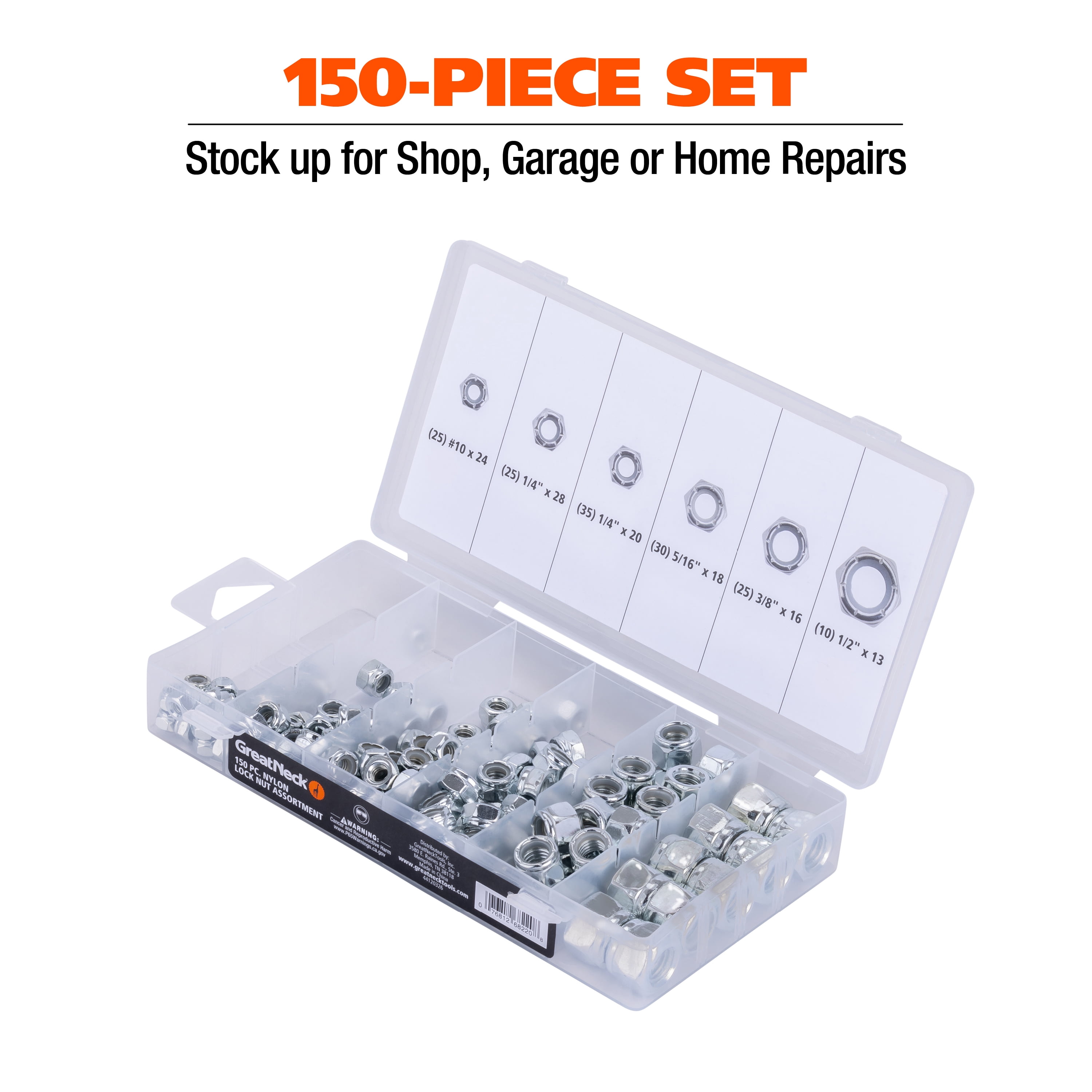 Great Neck Tools Nylon Lock Nut Assortment, 150 Piece Set