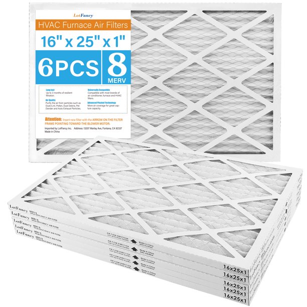 LotFancy 16x25x1 Air Filters, 6 Pack, MERV 8 Pleated AC Furnace Filters