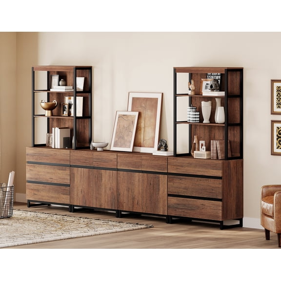 WAMPAT 4-Piece 72" Tall Modern Wood Bookcase with 6 Drawers & Adjustable Shelves, Freestanding Library Bookshelf with Storage Cabinet & Open Shelving for Home Office, Living Room, Brown