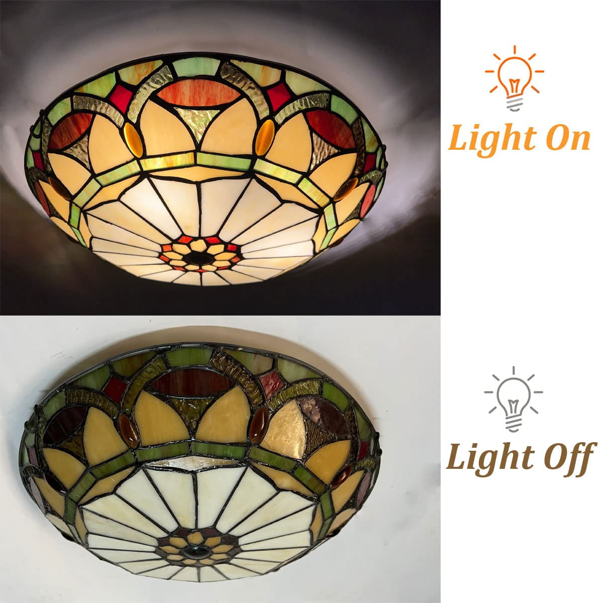 Vinplus Tiffany 3 Light Flush Mount Ceiling Light 16" White Finish with Tiffany Glass