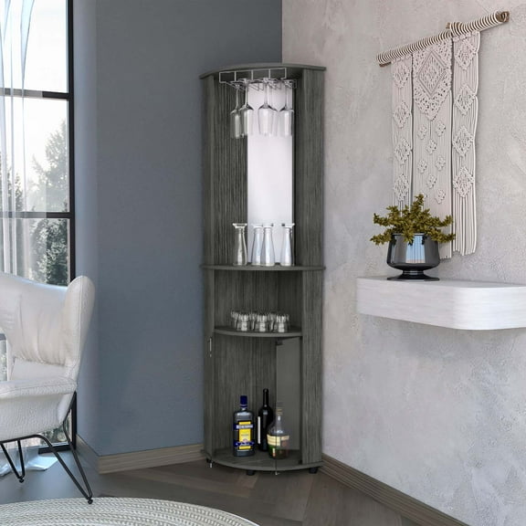 FM FURNITURE Oregon Corner Bar Cabinet, 3-Tier Shelf with Glass Rack