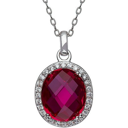 Created Ruby Checkerboard Oval with White Topaz Halo Sterling Silver Pendant, 18