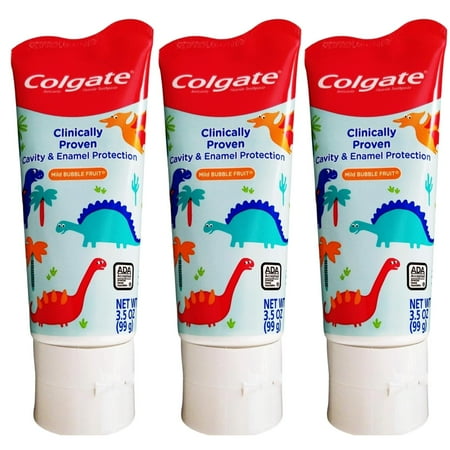 Colgate Kids 3.5 oz Dinosaurs Mild Bubble Fruit Flavor Toothpaste Fluoride Cavity & Enamel Protection Enamel Safe Gluten-Free Clinically Proven to Fight Cavities & Keep Fresh Breath Ages 2 Up Set of 3