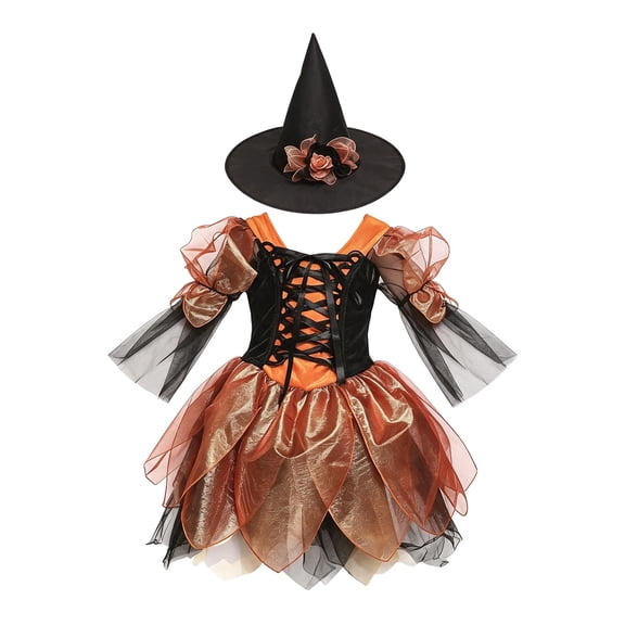 Virmaxy Halloween Costume Witch Dress V Neck Lace Up Corset Sheer Bell Sleeve Layered Tulle Skirt with Hat for Cosplay Party 2-13 Years, Orange
