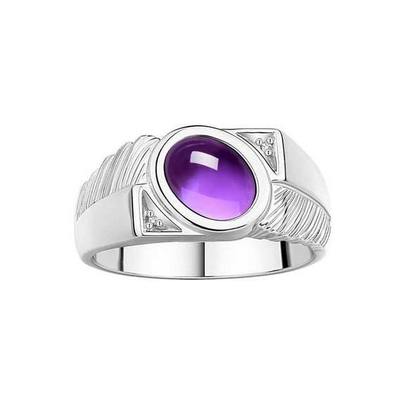 RYLOS Men's Rings 14K White Gold Cabochone Gemstone & Diamond Designer Amethyst Rings For Men Size 8