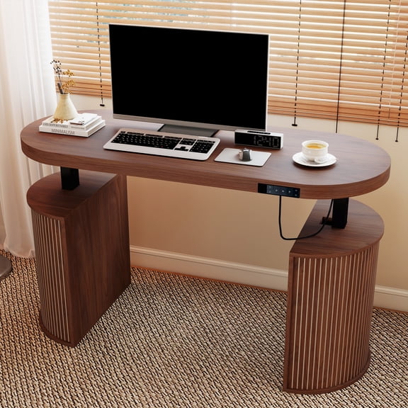 Oubayajia 55″ x 22″ Electric Standing Desk with Storage, Height Adjustable Computer Desk for Home Office, Walnut