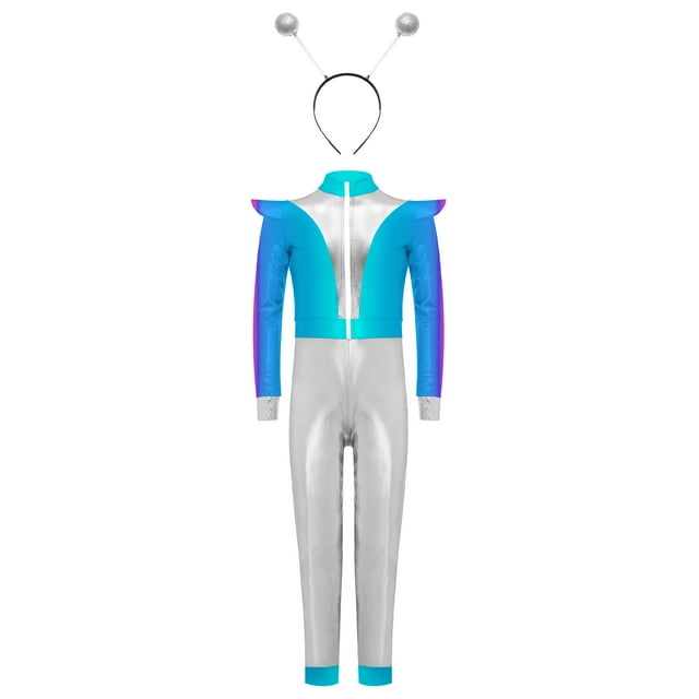 Moggemol Boys Girls Space Alien Performance Wear 2 PC Set Metallic Long Sleeve Unitard with Headband Silver 10