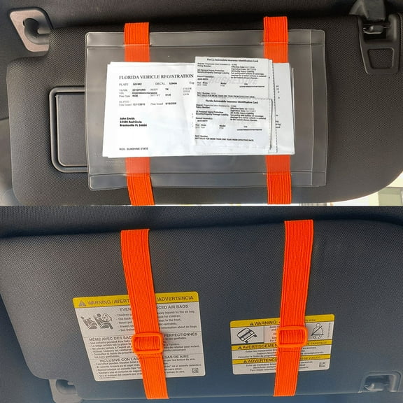 Document Holder for Vehicle Visor. Perfect for Insurance & Registration. Neon Orange Stretch Band and Orange Buckle, Made in USA