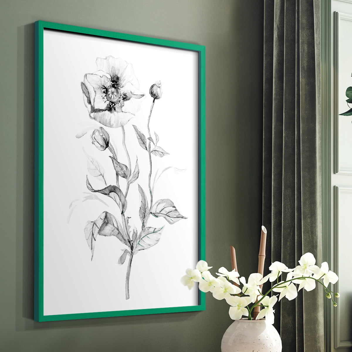 Wild Poppy Sketch Framed Print in Green Solid Wood 8 x 10 Framed Print