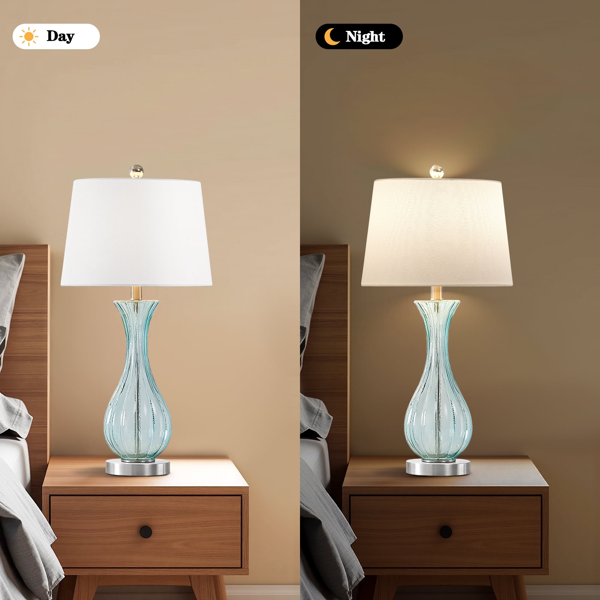 Maxax Nautical Coastal Glass Table Lamps, Pair of 2, 25.5" Blue Droplet Design with White Shade