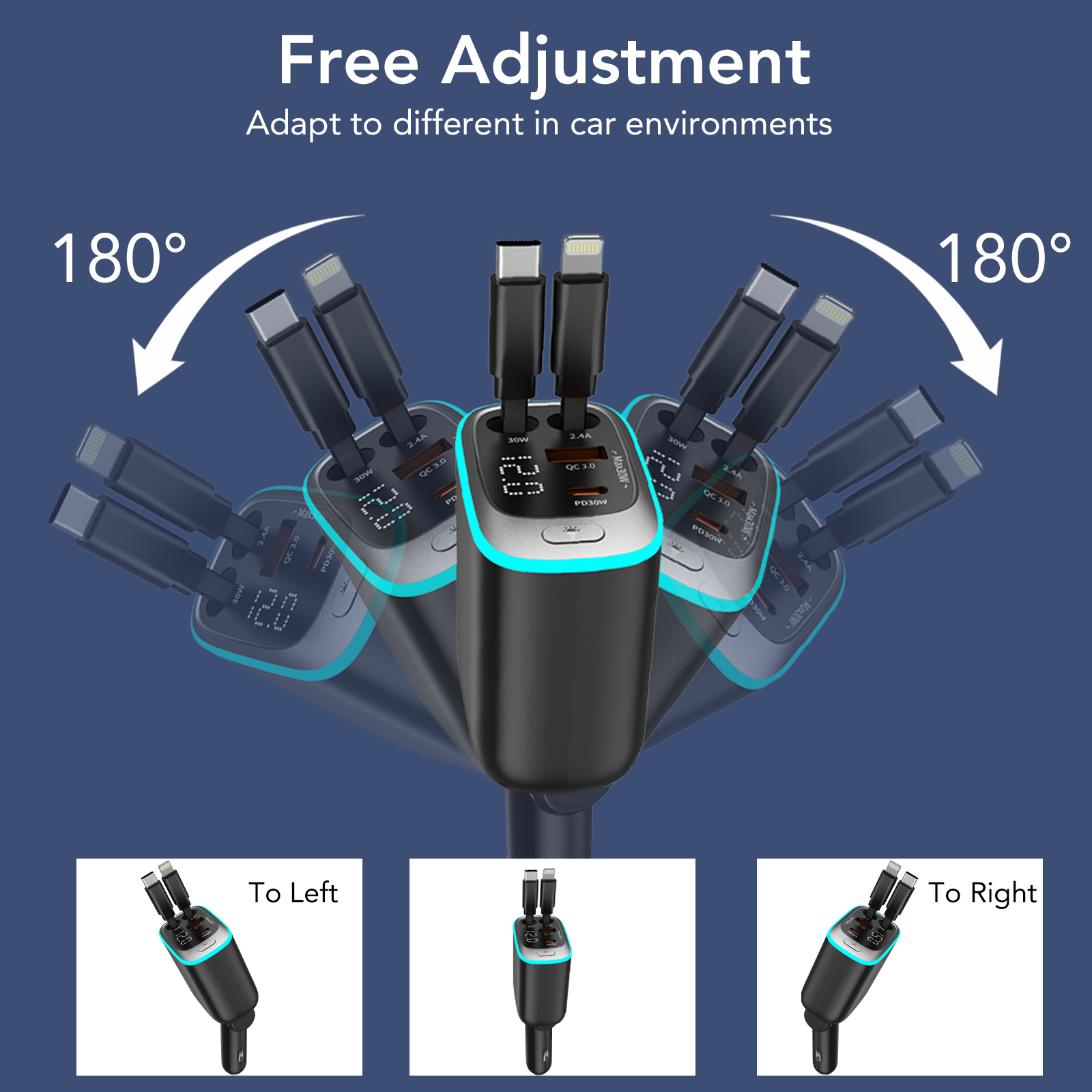 KT1 85W Retractable Car Charger with USB-C and Lightning Cables photo 8