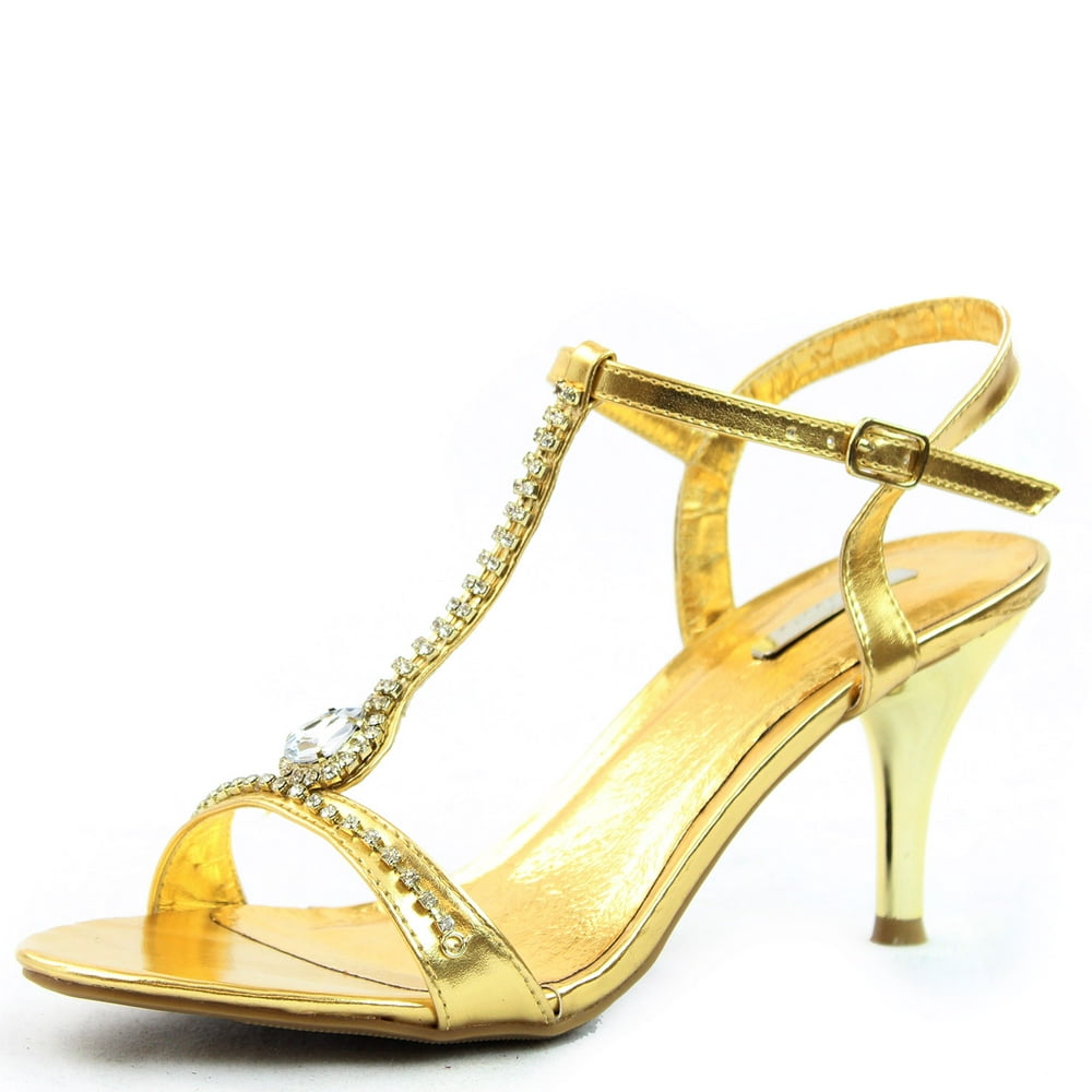 Celeste - Celeste Mari-03 Gold Rhinestone T-Strap Evening Shoes, Gold ...