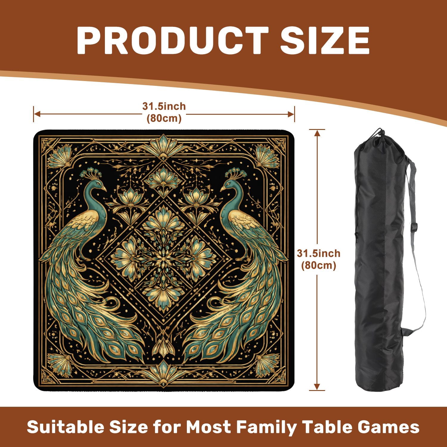 Mahjong Mat 31.5" x 31.5" Art Deco Peacock Gold Geometric Design Black Non-Slip Noise Reduction Mahjong Tiles Table Cover for Dominoes Poker Card Board and Tile Games