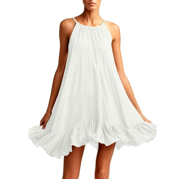 Kilaqueen Summer Mini Dresses for Women Spaghetti Strap Ruffle Hem Short Flowy Cotton Dress Casual Beach Vacation Dresses Fashion Crewneck Sleeveless Loose Fit Sundresses