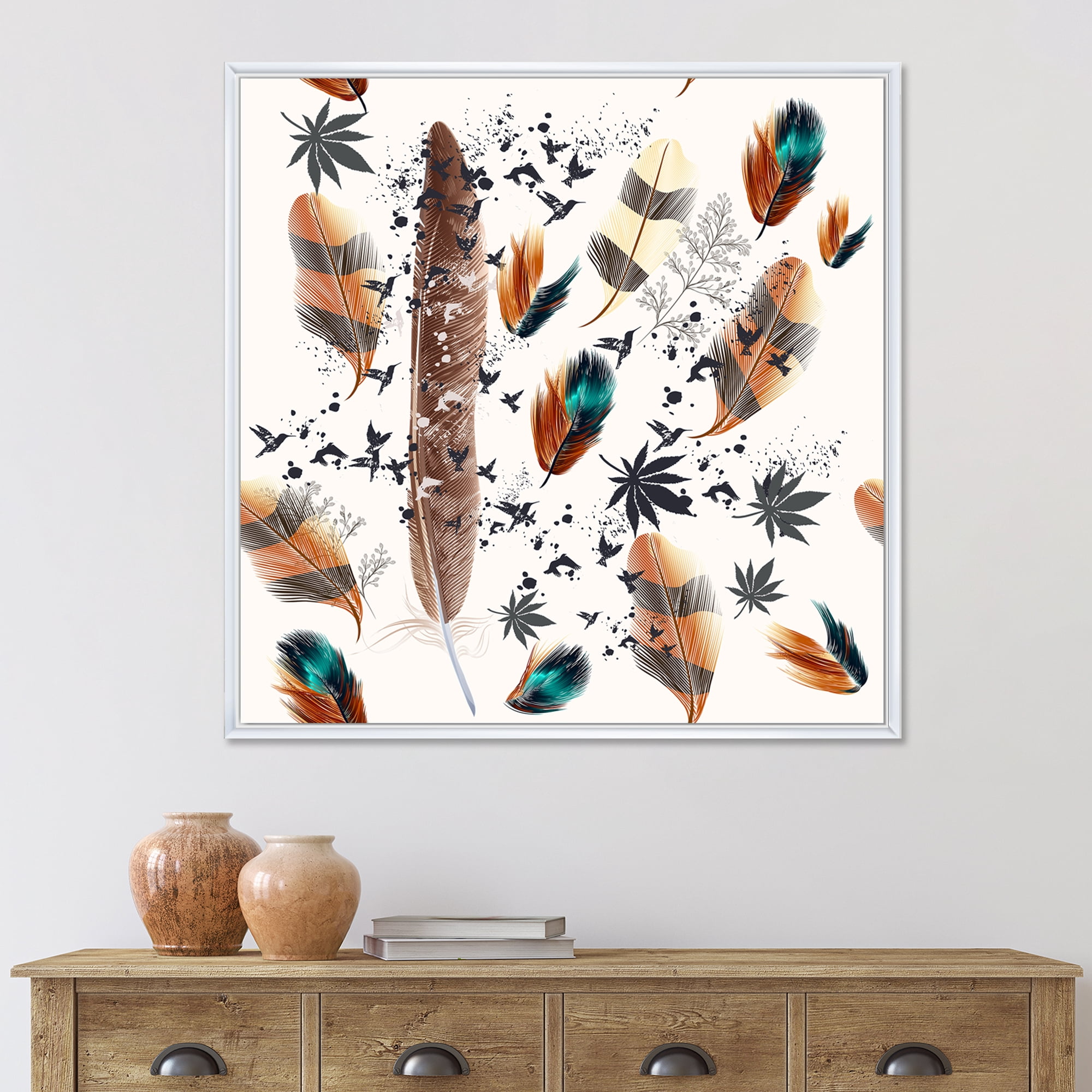 Designart 'Multicolored Feather Pattern With Floral' Bohemian & Eclectic Framed Canvas Wall Art Print
