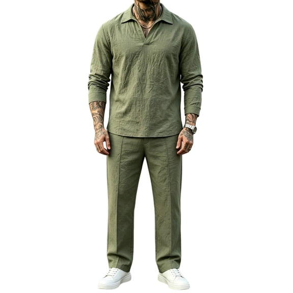 Delconic Mens Casual Cotton Linen Two Piece Set Long Sleeve Collared Pullover Top and Drawstring Straight Leg Pants Outfit Army Green L