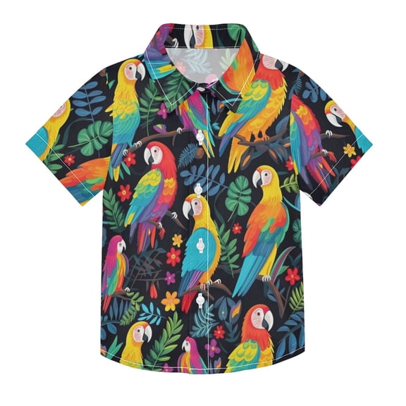 Dailycode Small Short Sleeve Button Down Shirts Colorful Parrot Bird and Leaf Casual Shirt 3-10 Years