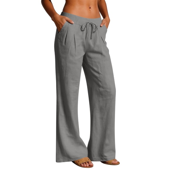 Nestiefly Linen Pants Women Wide Leg Palazzo Pant Drawstring Elastic Waist Trousers Casual Boho Summer Pants Beach Vacation Gray XL