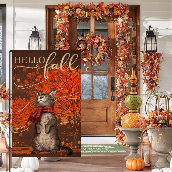 Gyryp Hello Fall Cat Garden Flag 12x18 Vertical Double Sided Autumn Maple Leaves Thanksgiving Holiday Outside Decorations Burlap Yard Flags