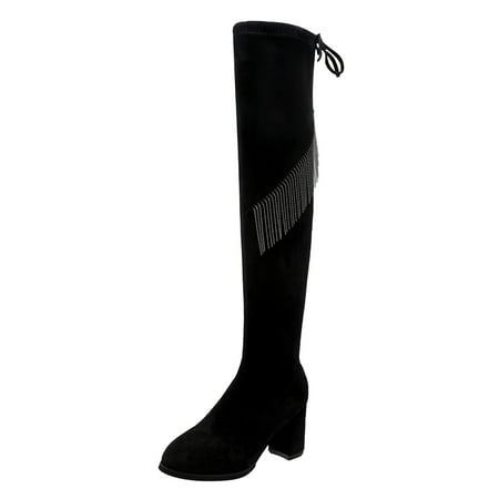DVKOVI Casual Dress Shoes for Women Over the Knee Boots Women Shoes Fashion Boots Thick High Heeled Suede Rhinestone Lace Up Plus Velvet High Boots High Heel Boots Tall Boots for Women Black 42