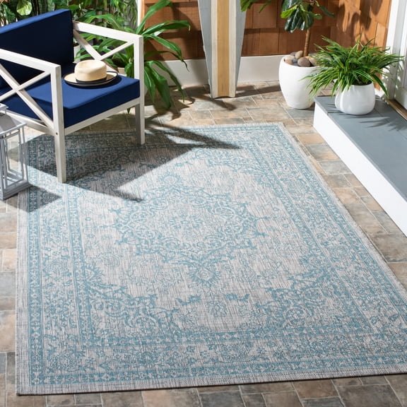 SAFAVIEH Courtyard Desi Medallion Indoor/Outdoor Area Rug, Light Grey/Aqua, 5'3" x 7'7"