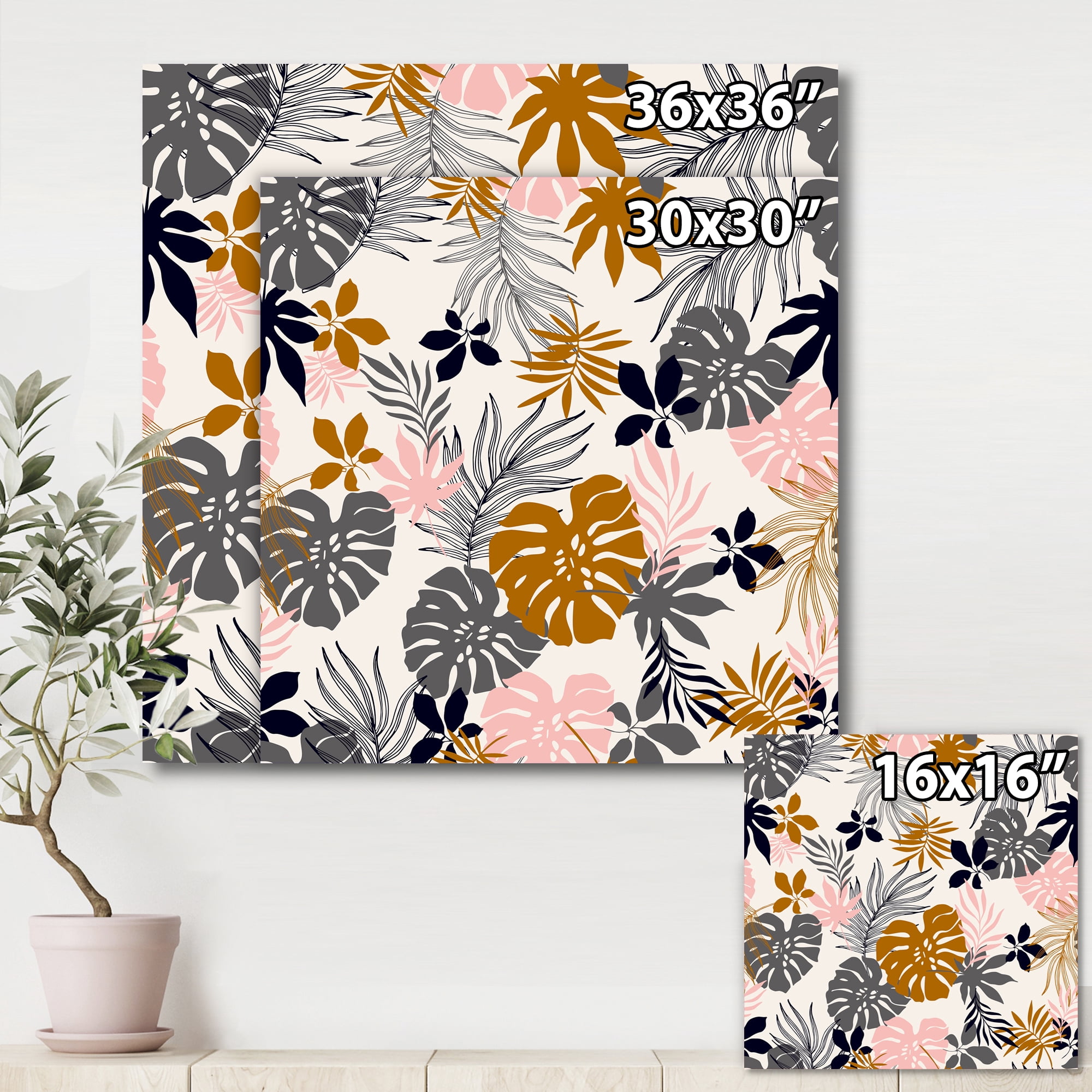 Tropical Nature palm Monstera Leaves In Silhouette On White 16 in x 16 in Painting Canvas Art Print, by Designart