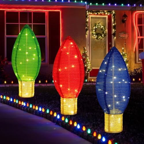3 Pack Large Lighted Outdoor Christmas Decoration 2.4 ft Pop up Collapsible Xmas Decor Bulb Pre-lit Holiday Decorations with LED Lights for Yard Garden Lawn(Red, Blue, Green)$$Garden & Patio