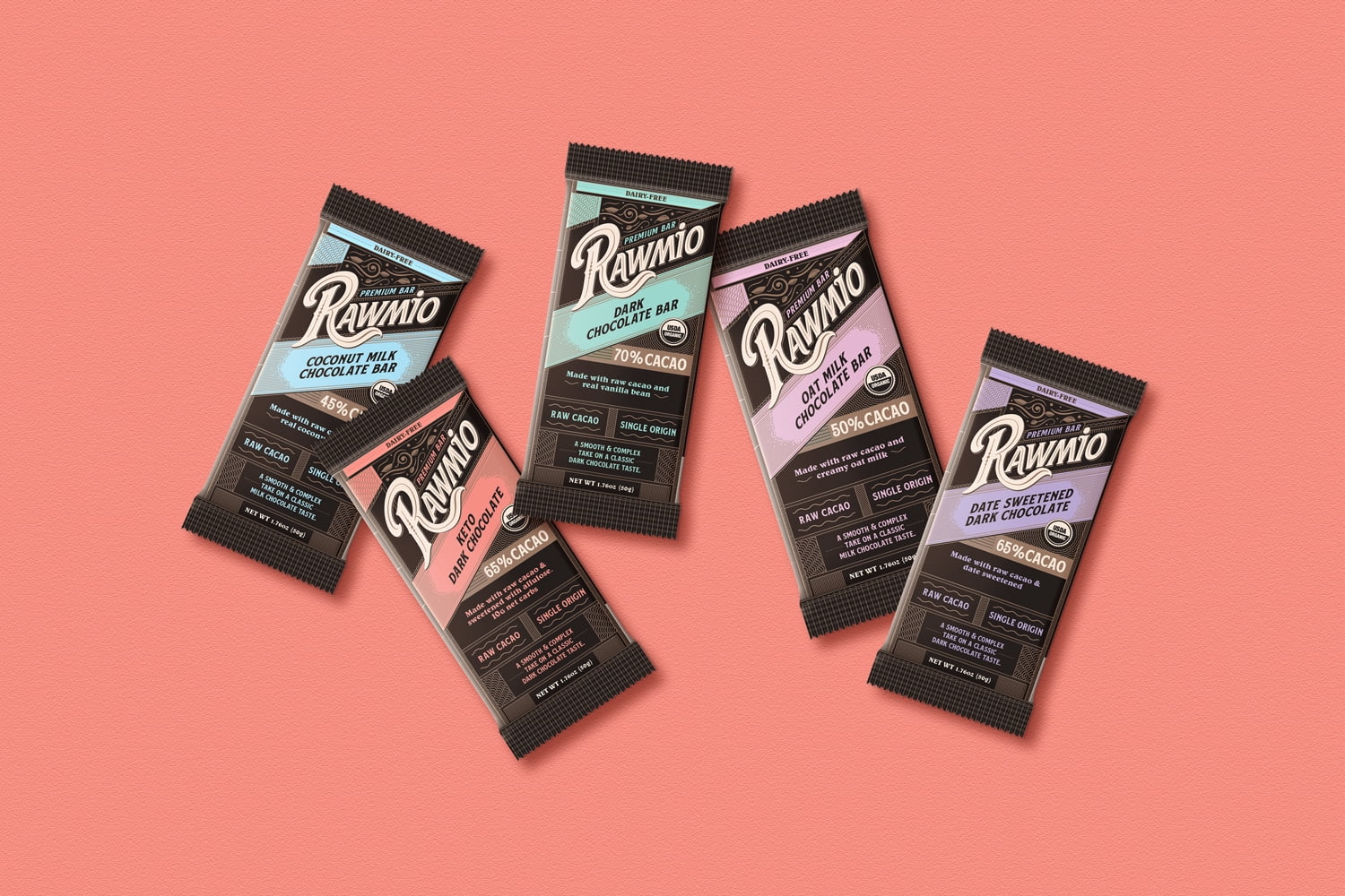 Rawmio - Organic Premium Date Sweetened Dark Chocolate Bar - 65% Cacao, 1.76oz bar, 12 Pack