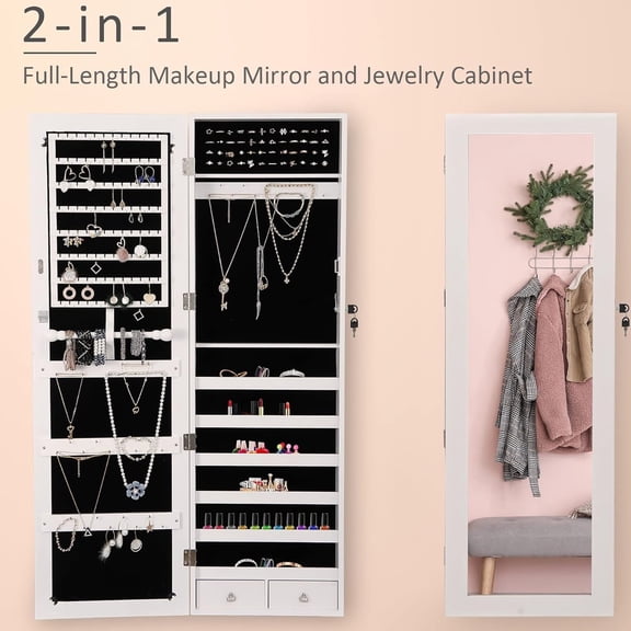 Simenmax 6 LEDs Mirror Jewelry Cabinet, 47.2-Inch Tall Lockable Wall or Door Mounted Jewelry Armoire Organizer with Mirror, 2 Drawers