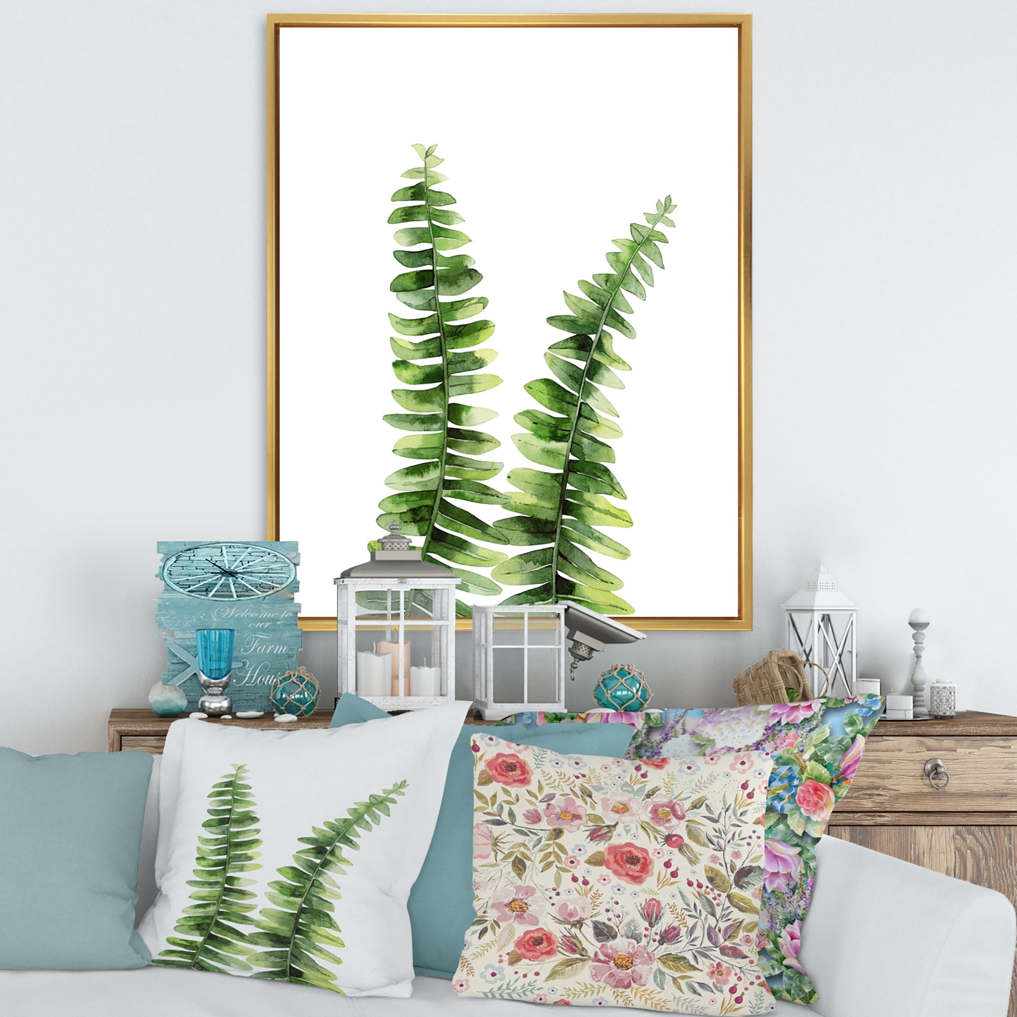 Designart 'Fern Plant Leaves Detail V' Tropical Framed Canvas Wall Art Print