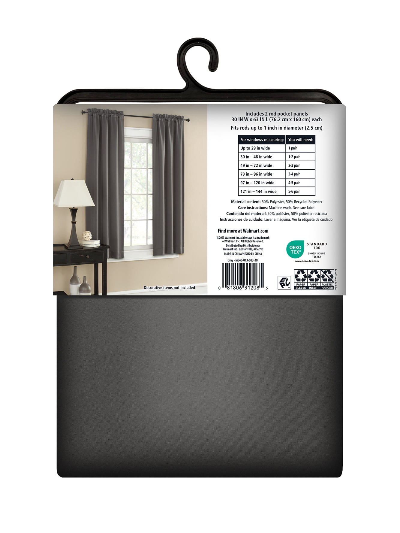 Mainstays Blackout Curtain Panel Pair, Set of 2, Gray, 30"W x 63"L