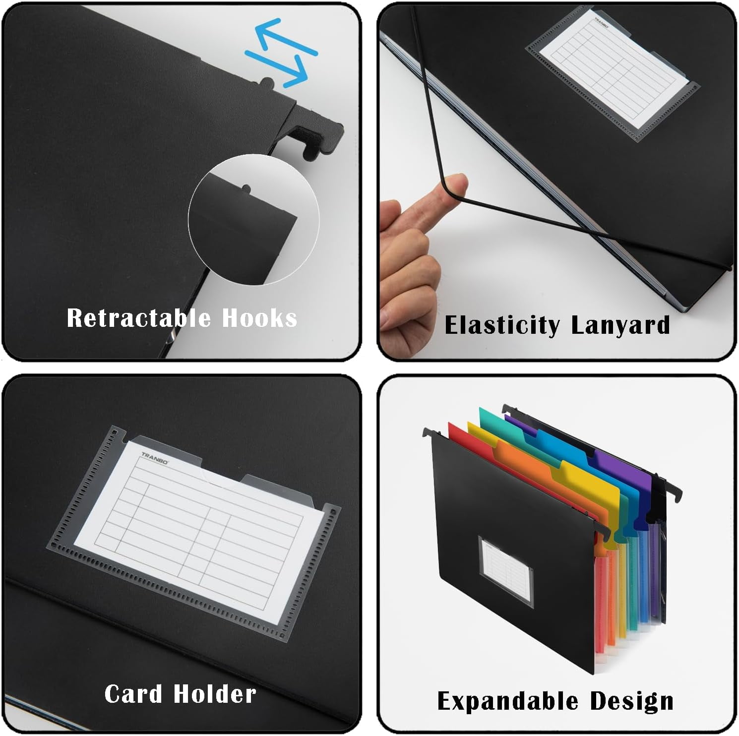 2-in-1 Expanding Hanging File Folders for Filing Cabinet, TRANBO 7 Pockets Extra Capacity Hanging Accordion File Organizer with Retractable Hook, 1/3-Cut Tab, Letter Size for Files Frame - 3 Pack
