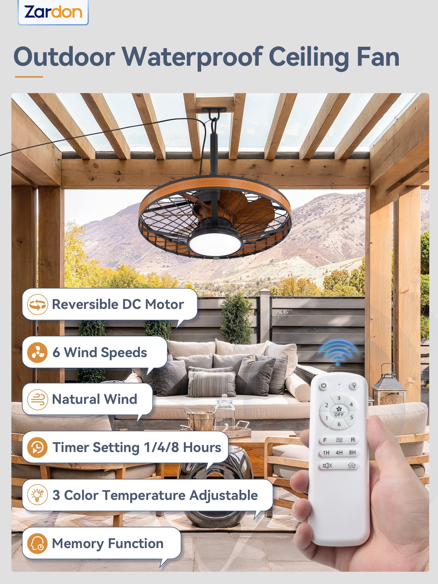 Zardon 20" Outdoor Ceiling Fan with Light and Remote, 7 Blades Caged Waterproof Gazebo Fan for Patio, Porch, Pergola Canopy, App Control
