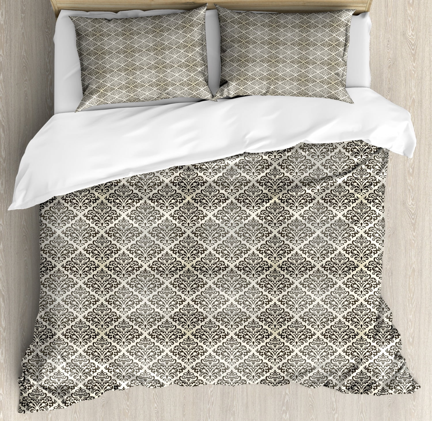 Damask Queen Size Duvet Cover Set, Damask Tile Illustration in Vintage