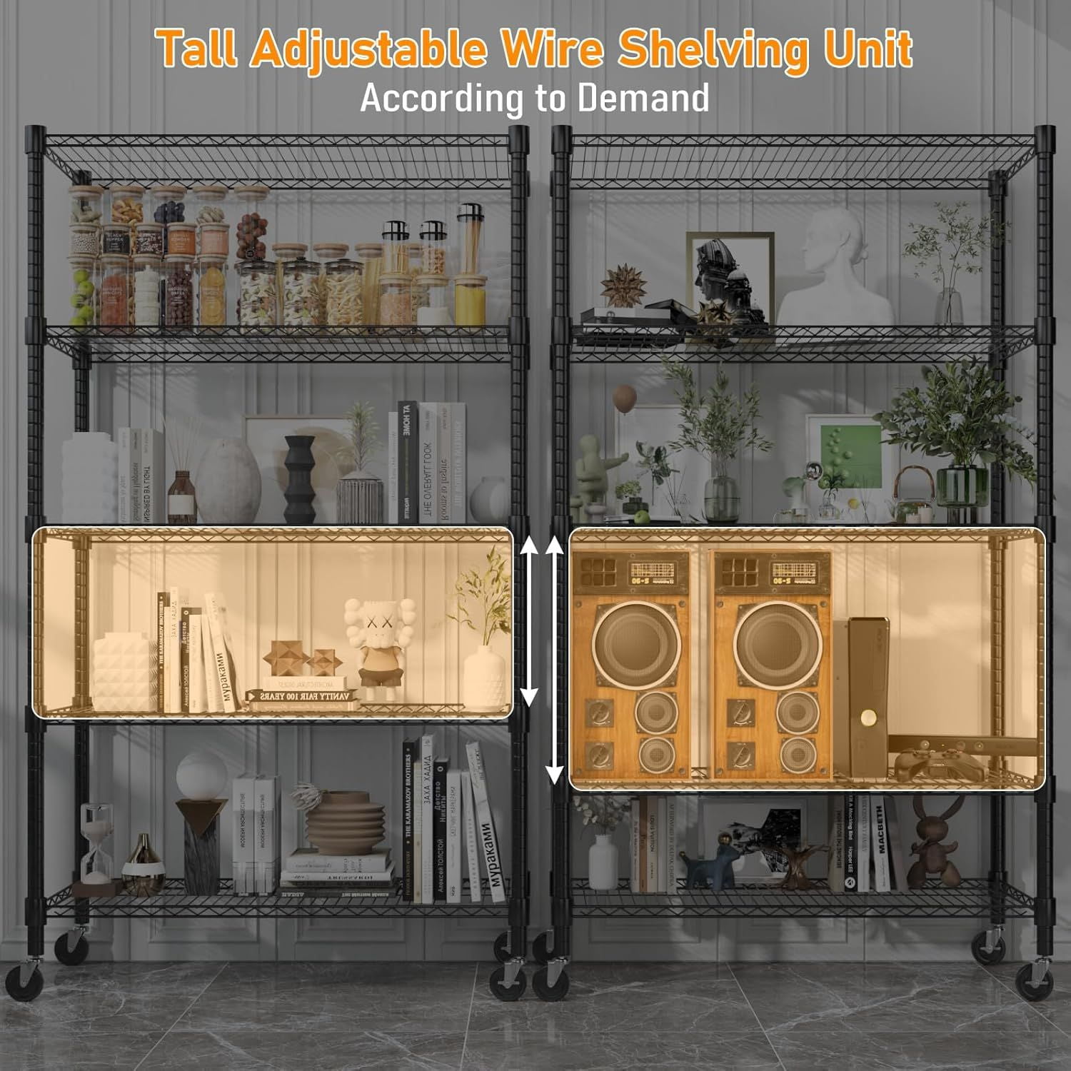 Sailvan 5-Tier Heavy Duty Metal Shelving Unit with Wheels, 2000lb Capacity Wire Storage Rack, 36"W x 18"D x 82"H, Adjustable Garage Shelves,Black