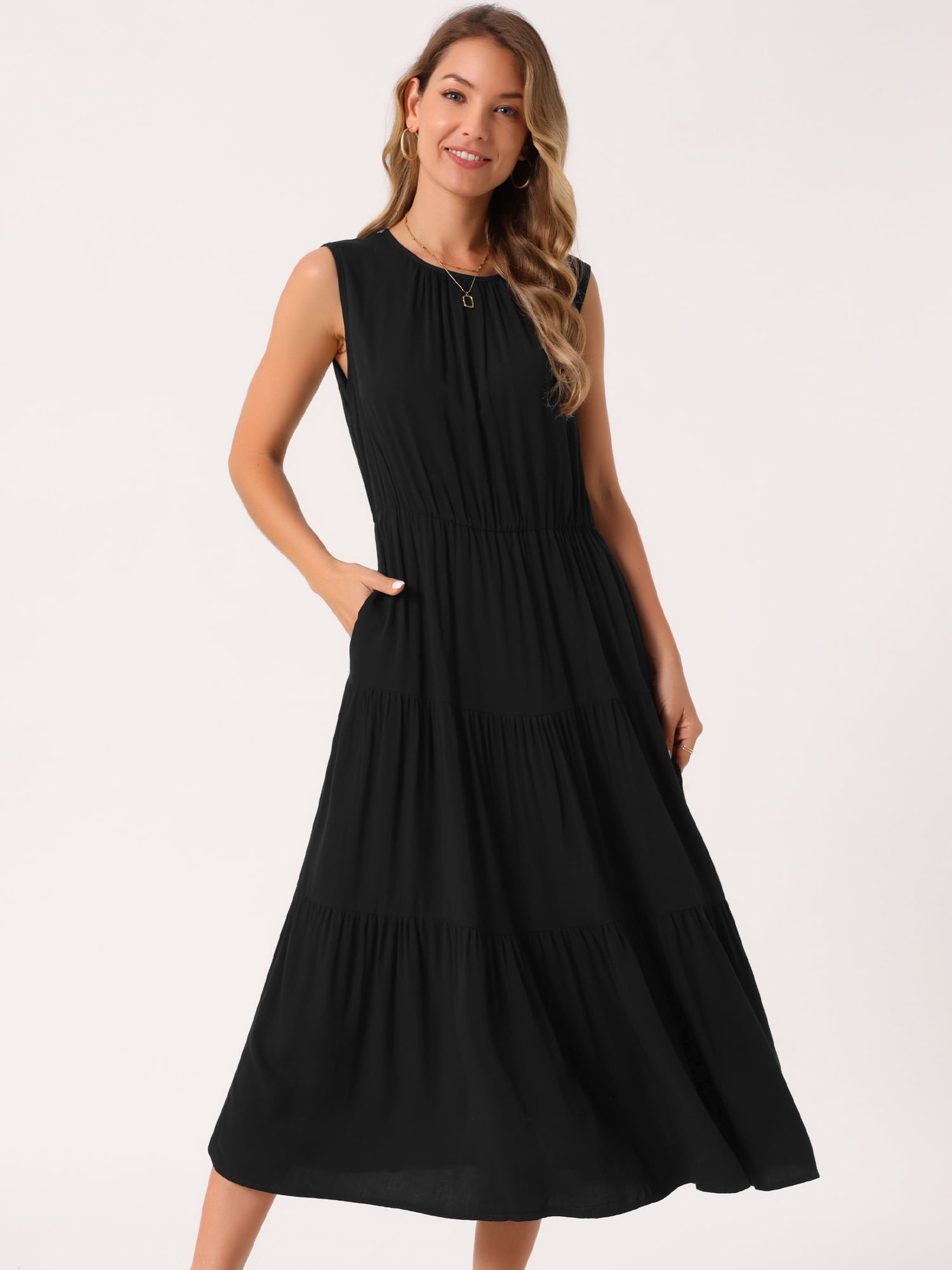 DARING DIVA Sleeveless Crewneck Tiered Casual Midi Dress XL Black