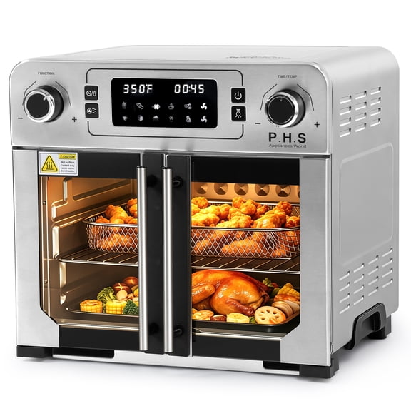 PHS 24 QT French Door Air Fryer Toaster Oven Combo with Rack Stainless Steel 1700W Oven Air Fryer Combo with Fan Control for Countertop Family Meals