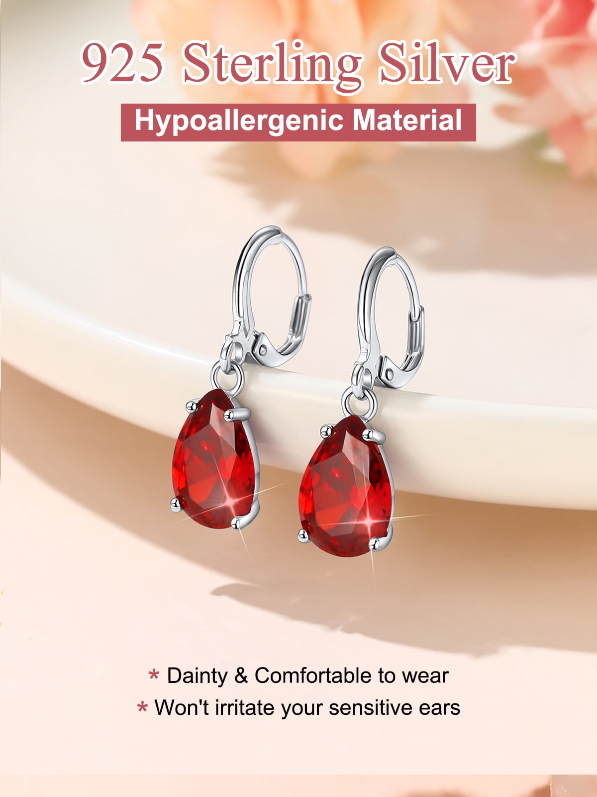 FOCALOOK Birthstone Dangle Hoop Earrings for Women Sterling Silver Teardrop Cubic Zirconia January Red Garnet Leverback Huggie Drop Earrings Birthday Valentines Day Jewelry Gift