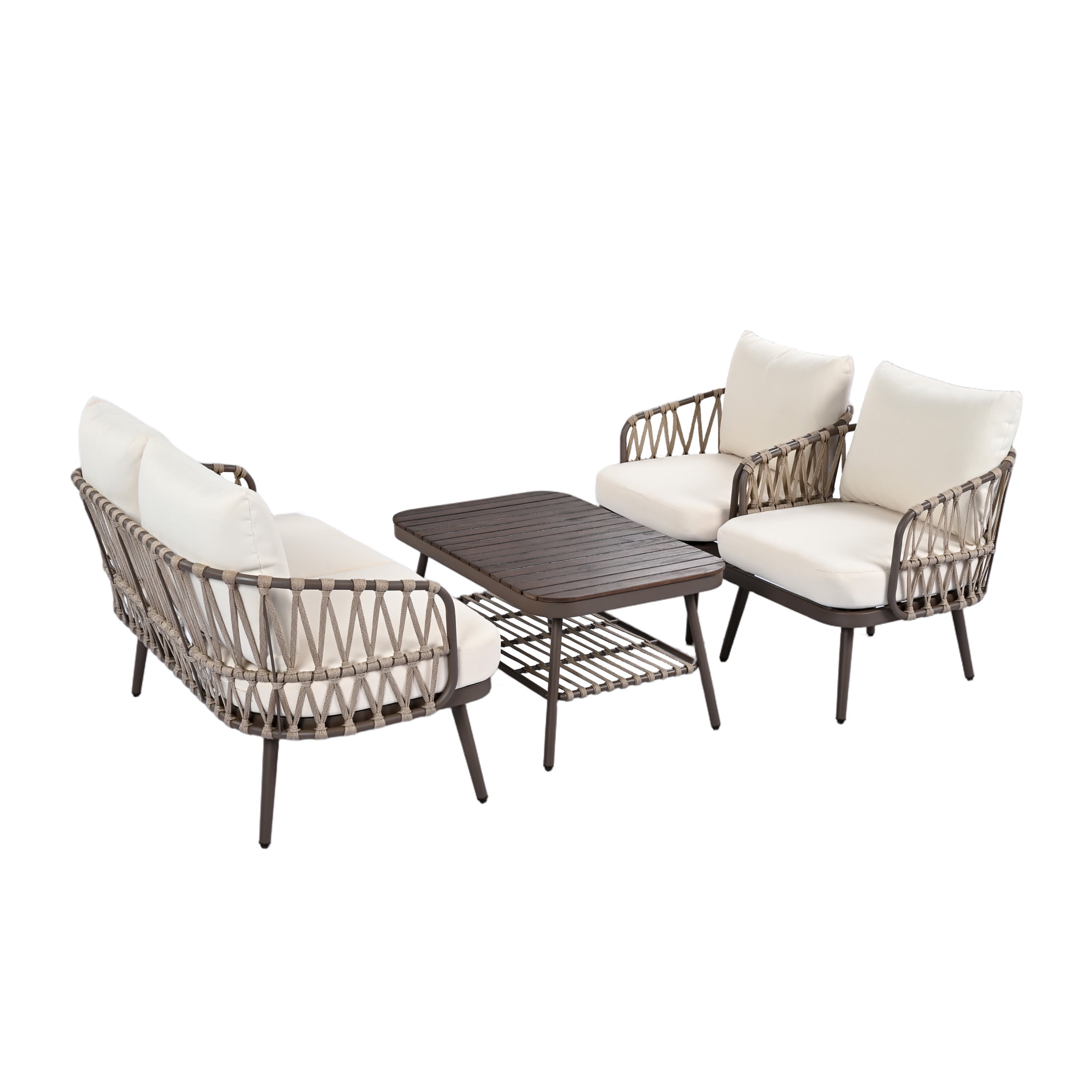 Piper Modern 4 Piece Outdoor Patio Conversation Set, Woven Rope Sofa Set with Cushions, and Coffee Table, Brown+Beige