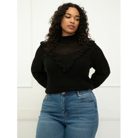 ELOQUII Elements Women's Plus Size Ruffle Yoke Sweater