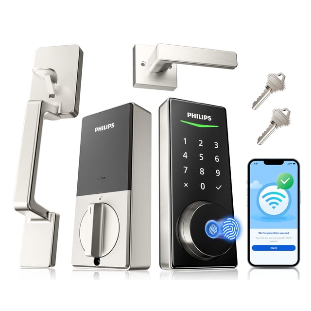 Juego Smart Lock Philips WiFi con manijas para puerta delantera en níquel satinado