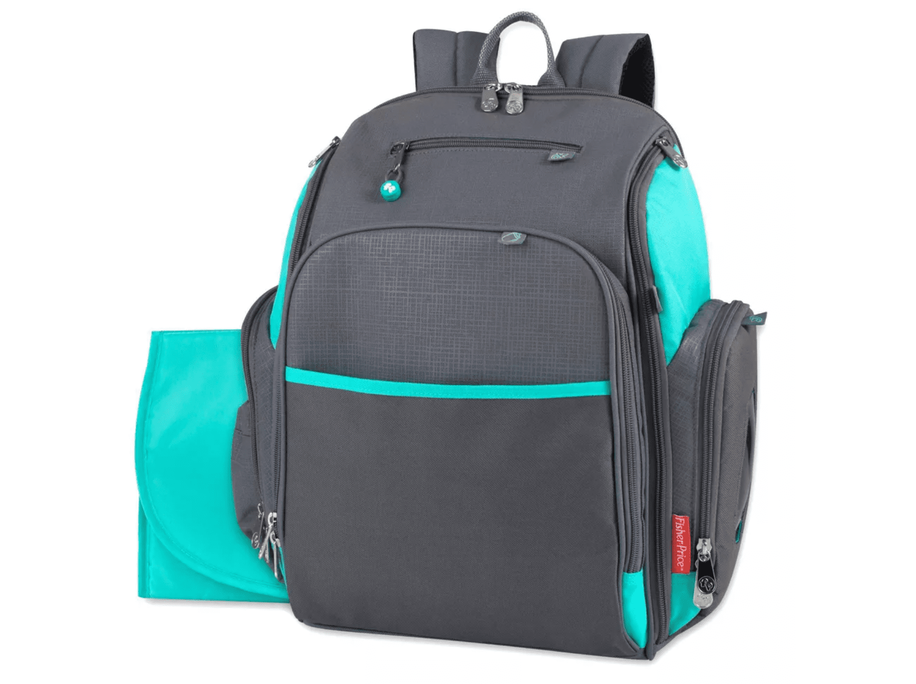 Fisher-Price Large Multi-Pocket Multifunction Kaden Baby Diaper Bag Backpack for Infant Boys & Girls with Insulated Bottle Pocket, Changing Pad, Wipes Dispenser in Unisex Gray & Aqua
